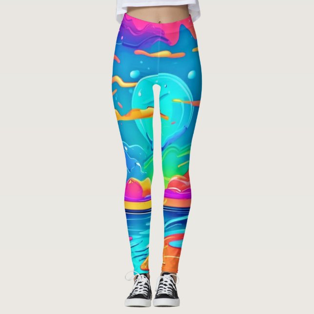 Vibrant Neon Sunset Over Ocean Waves Leggings (Front)