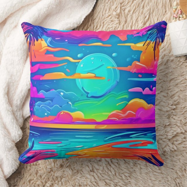 Vibrant Neon Sunset Over Ocean Waves Throw Pillow (Blanket)