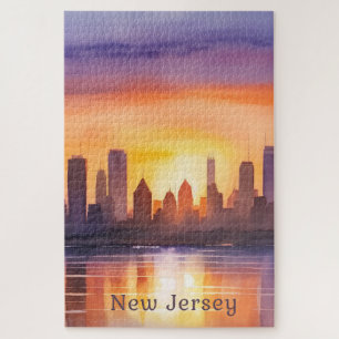 Vibrant New Jersey Watercolor Sunset Art  Jigsaw Puzzle