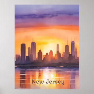 Vibrant New Jersey Watercolor Sunset Art  Poster