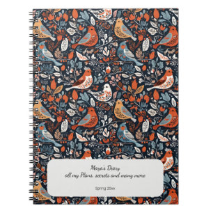 Vibrant Nordic Floral And Bird Pattern Personalize Notebook