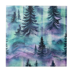Vibrant Northern Lights Dark Pine Winter Sky Tile