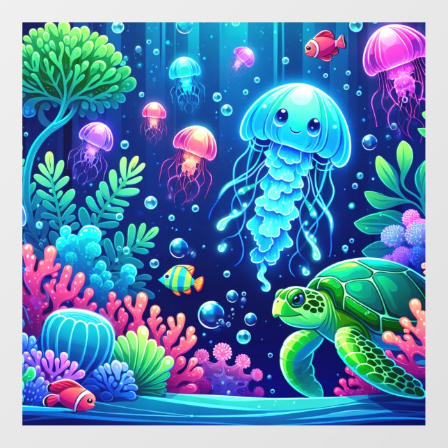 Vibrant Ocean Fantasy with Jellyfish and Turtles Window Cling (Sheet)