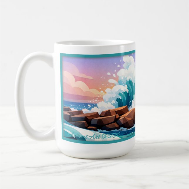 Vibrant Ocean Wave Crashing on Rocky Shore Coffee Mug (Left)