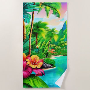 Vibrant Ocean Waves & Palm Trees Art Beach Towel
