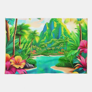 Vibrant Ocean Waves & Palm Trees Art Kitchen Towel
