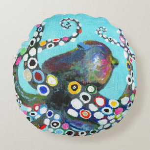Vibrant Octopus: Acrylic Illustration Round Pillow