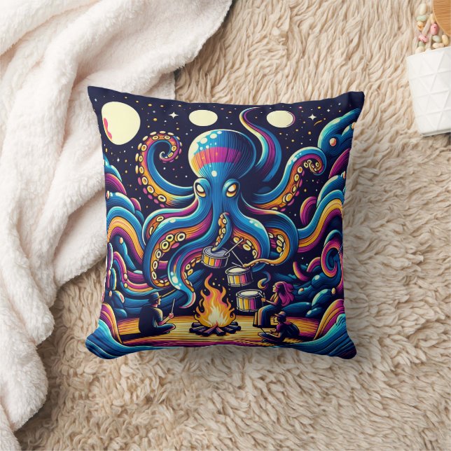 Vibrant Octopus Drumming by Campfire Throw Pillow (Blanket)