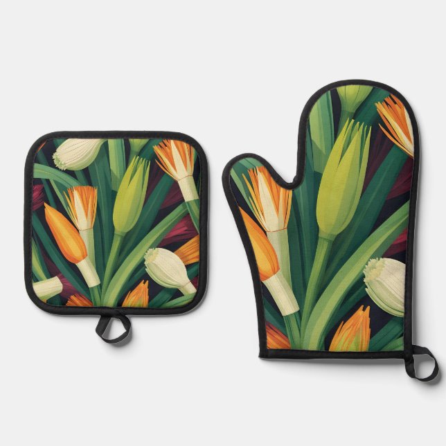 Vibrant Onion Flower Pattern Oven Mitt & Pot Holder Set (Front)