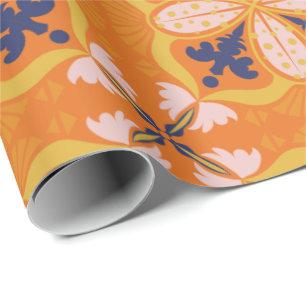 Vibrant orange and blue floral pattern wrapping paper