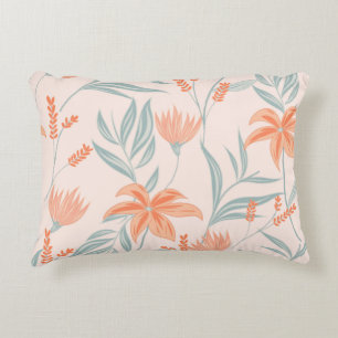 Vibrant Orange and Green Floral Pattern Art Accent Pillow