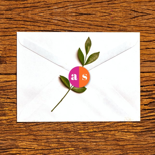 Vibrant orange and magenta pink monogram wedding  classic round sticker (Creator Uploaded)