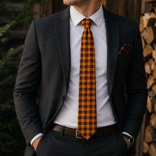 Vibrant Orange Black Plaid   Tie