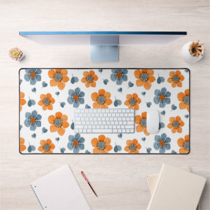 Vibrant Orange Blue Floral Pattern Desk Mat