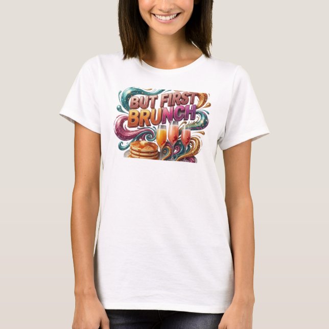 Vibrant Orange BUT FIRST BRUNCH Statement Tee (Front)