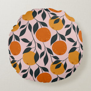 Vibrant Orange Citrus Seamless Pattern Round Pillow