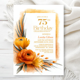 Vibrant Orange Floral 75th Birthday Party Invitation
