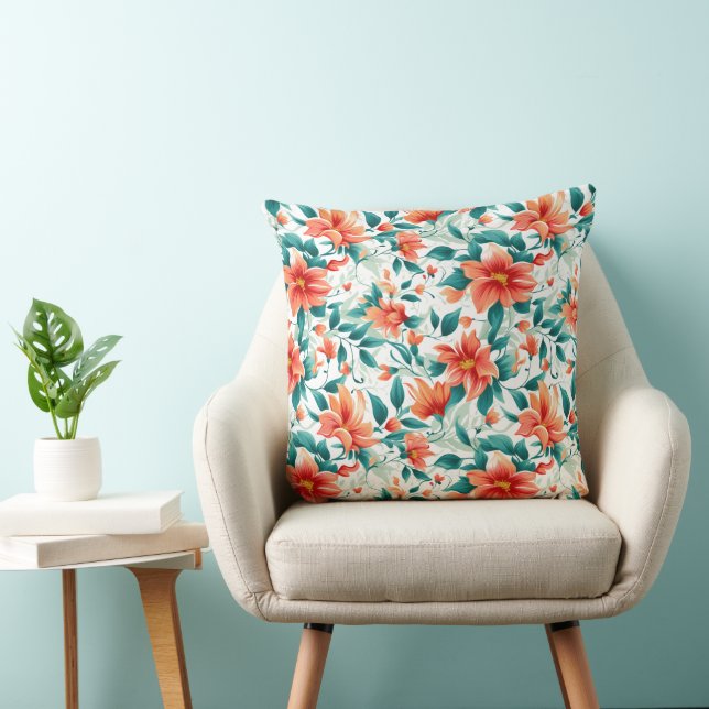 Vibrant Orange Floral Garden Pattern - Elegant Tea Throw Pillow (Chair)