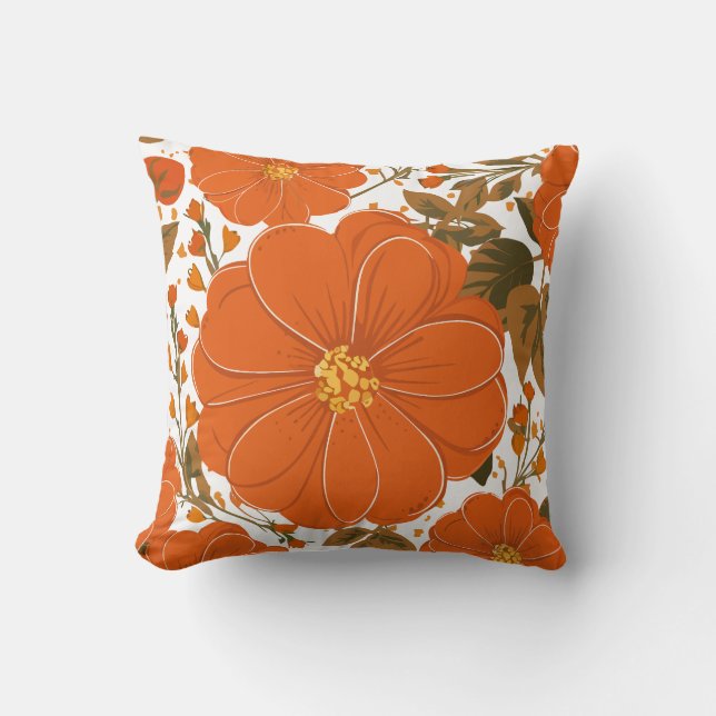 Vibrant Orange Floral Pattern with Leaves Throw Pillow (Front)