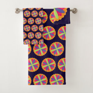 Vibrant Orange Floral Shapes Bath Towel Set