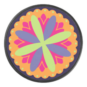 Vibrant Orange Floral Shapes Hockey Puck