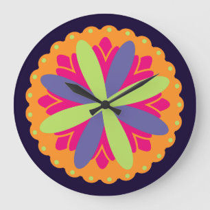 Vibrant Orange Floral Shapes Large Clock