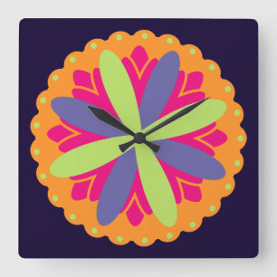 Vibrant Orange Floral Shapes Square Wall Clock