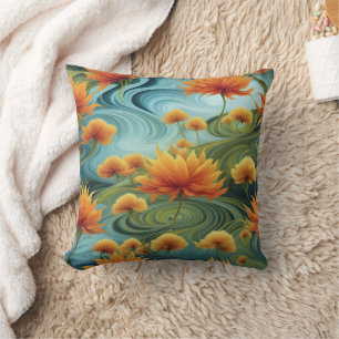 Vibrant Orange Flowers Amidst Swirling Blues Throw Pillow