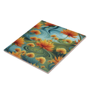 Vibrant Orange Flowers Amidst Swirling Blues Tile