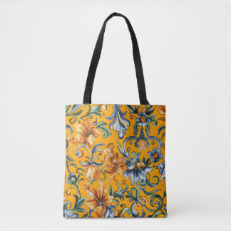 Vibrant orange flowers and blue iris scroll design tote bag