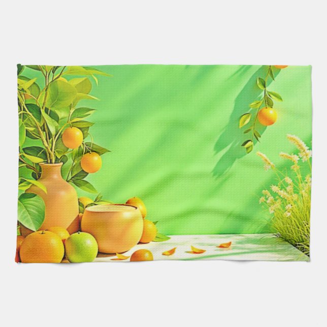 Vibrant Orange Green Still Life Design Kitchen Towel (Horizontal)