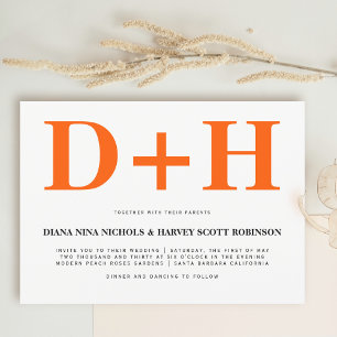 Vibrant orange initials bold typography wedding invitation