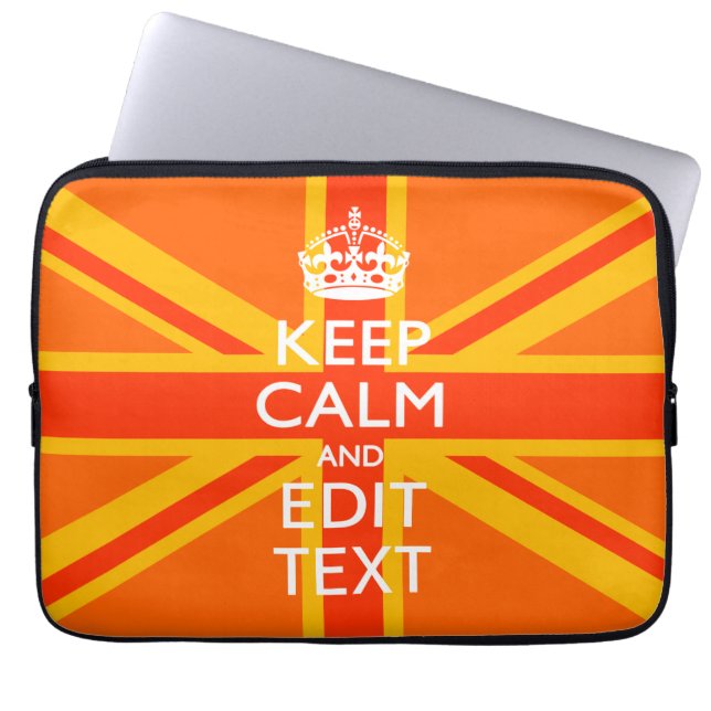 Vibrant Orange Keep Calm Your Text Union Jack Laptop Sleeve (Front)