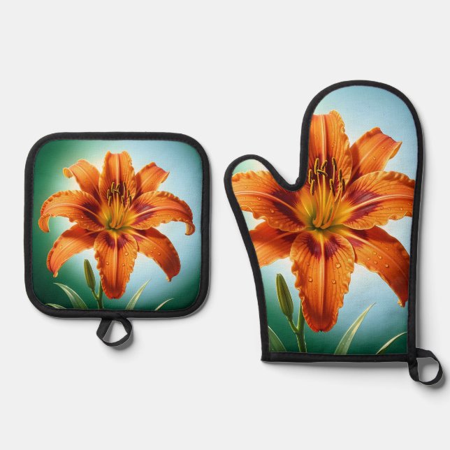 Vibrant Orange Lily Flower Bloom Oven Mitt & Pot Holder Set (Front)