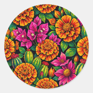 Vibrant Orange Magenta Marigold Cactus Tropical Classic Round Sticker
