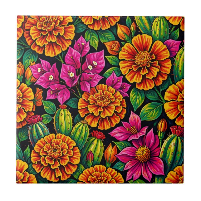 Vibrant Orange Magenta Marigold Cactus Tropical  Tile (Front)