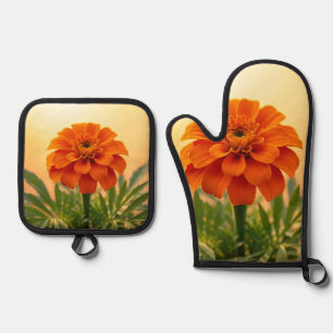 Vibrant Orange Marigold Flower Golden Sunset Oven Mitt & Pot Holder Set