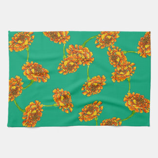 Vibrant Orange Marigolds on Bright Teal Kitchen Towel