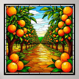 Vibrant Orange Orchard Under a Bright Blue Sky Poster