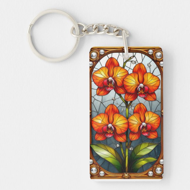 Vibrant orange Orchids in Ornamental Gold Frame Keychain (Front)