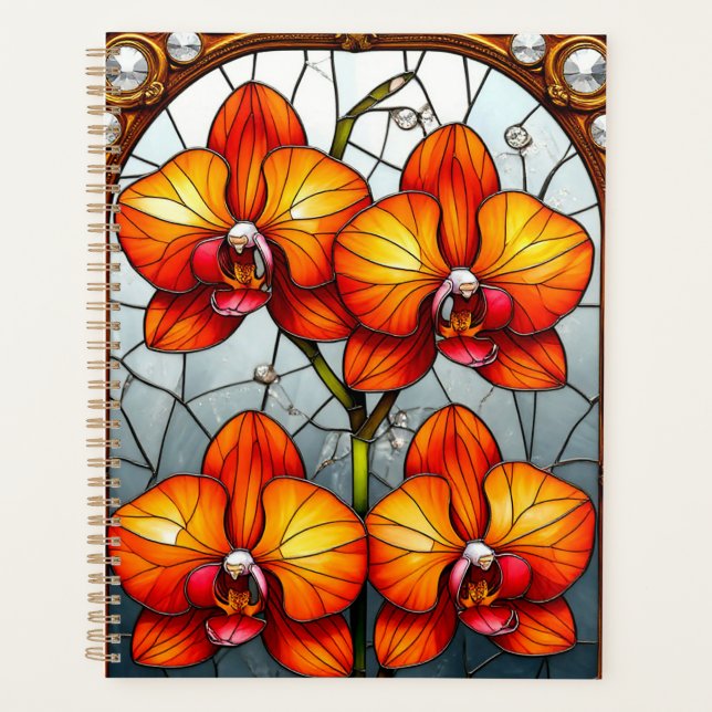 Vibrant orange Orchids in Ornamental Gold Frame Planner (Front)