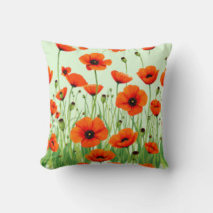 Vibrant Orange Poppy Field Watercolor Summer Throw Pillow