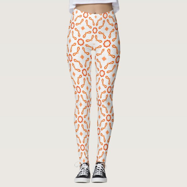 Vibrant Orange-Red Floral & Bow Pattern Leggings (Front)