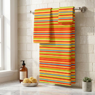 Vibrant Orange Red Yellow Green Blue Stripes Bath Towel Set