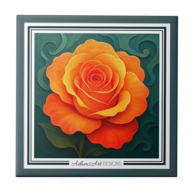 Vibrant Orange Rose Paper-Cut FloralCeramic Tile (Front)