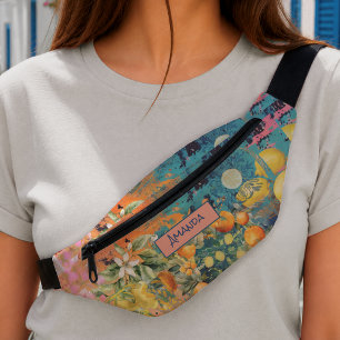 Vibrant Orange Sicilian Floral Citrus Tile Art Fanny Pack