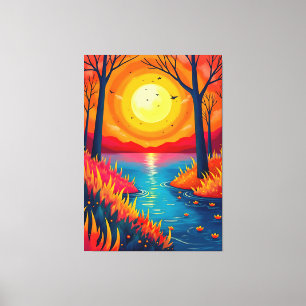 Vibrant Orange Sunset Lake Landscape Art Canvas Print