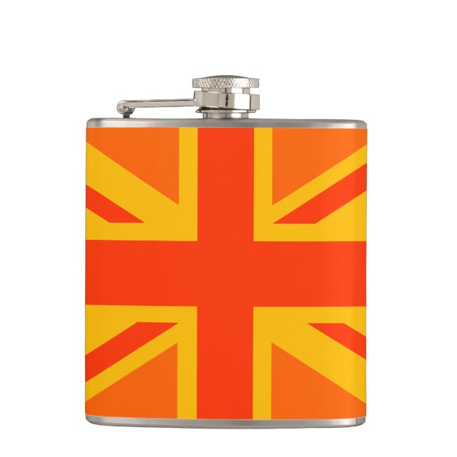 Vibrant Orange Union Jack British Flag Swag Hip Flask (Front)