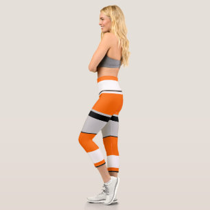 Vibrant Orange, White, Black, and Ash Striped Capri Leggings