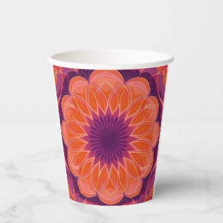 Vibrant Orange with Purple Floral Kaleidoscope Paper Cups